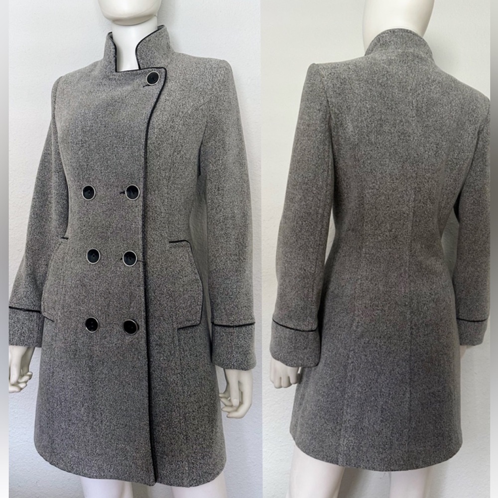 NWT WOMEN DOUBLE-BREASTED COAT LINED STAND-UP COLLAR GRAY‎ JACKET TWEED PEACOAT